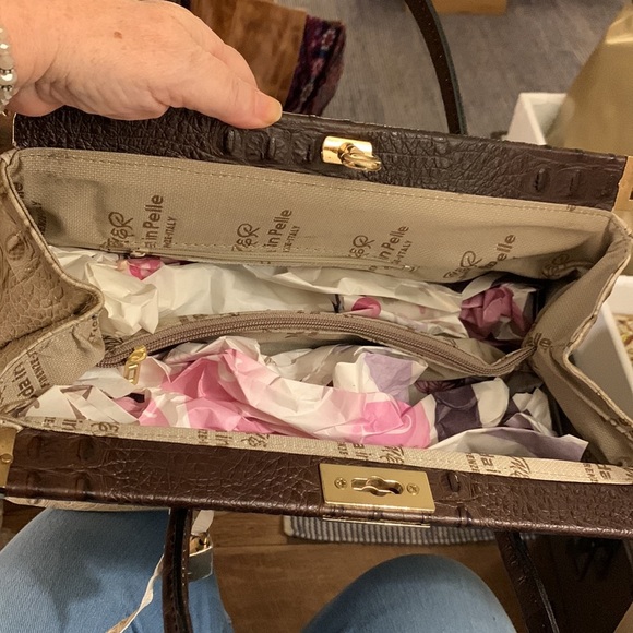 Croc Embossed Italian Leather Satchel in Taupe - Picture 8 of 9